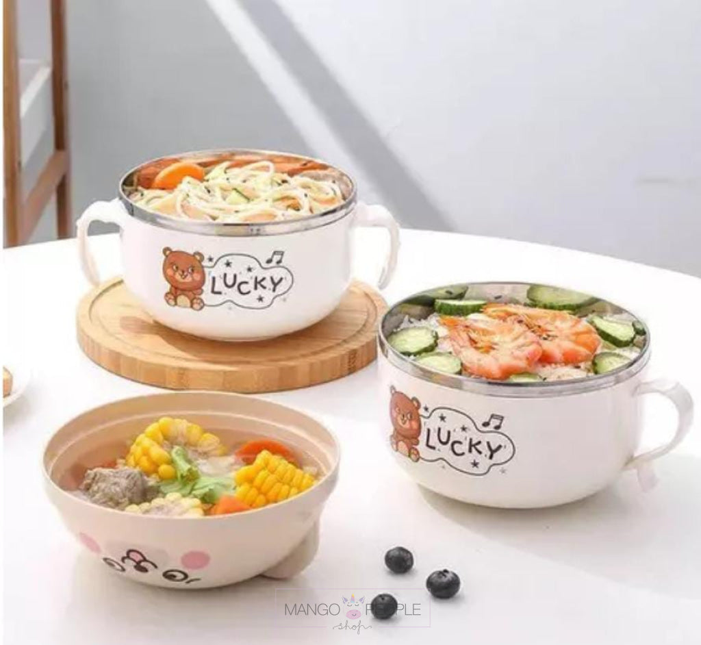 Bear Print Noodle/Soup Steel Lunch Bowl With Lid Two Handles And Spoon For Kids Soup