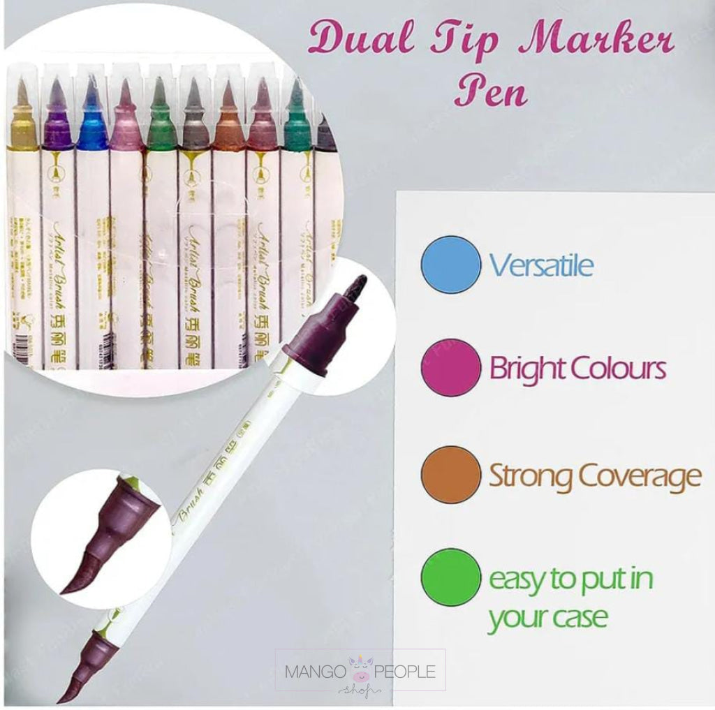 Dual Tip Metallic Color Artist Brush Pen Of 12 Pieces- Multicolor Markers And Highlighters