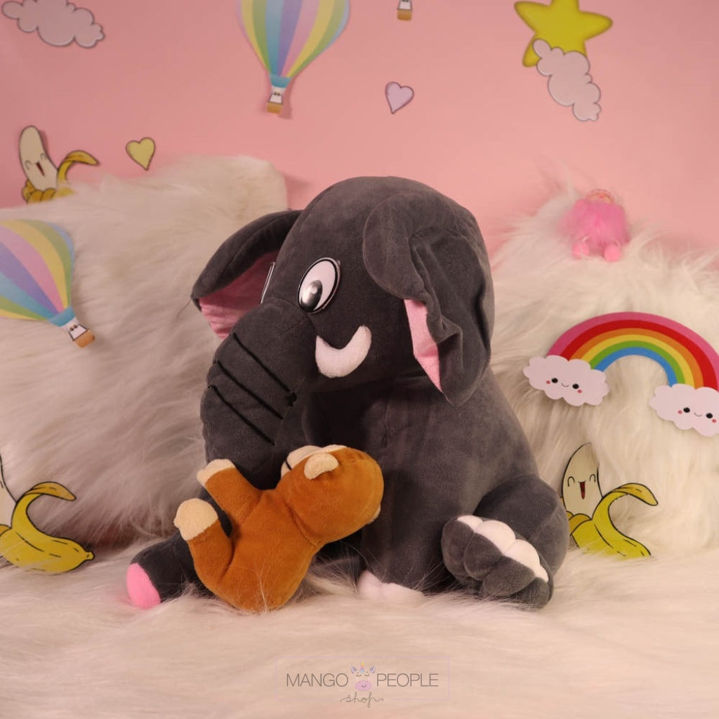 Plush Grey Soft Toy Elephant With A Cute Monkey On The Trunk