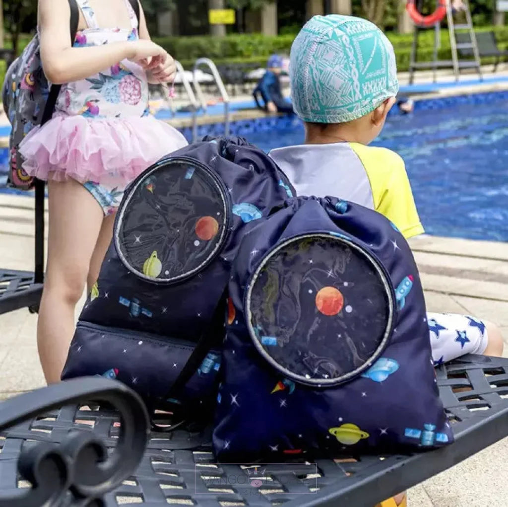 Kids Waterproof Swim Bag With Dinosaur Pattern Drawstring Backpack Dark Blue Design For