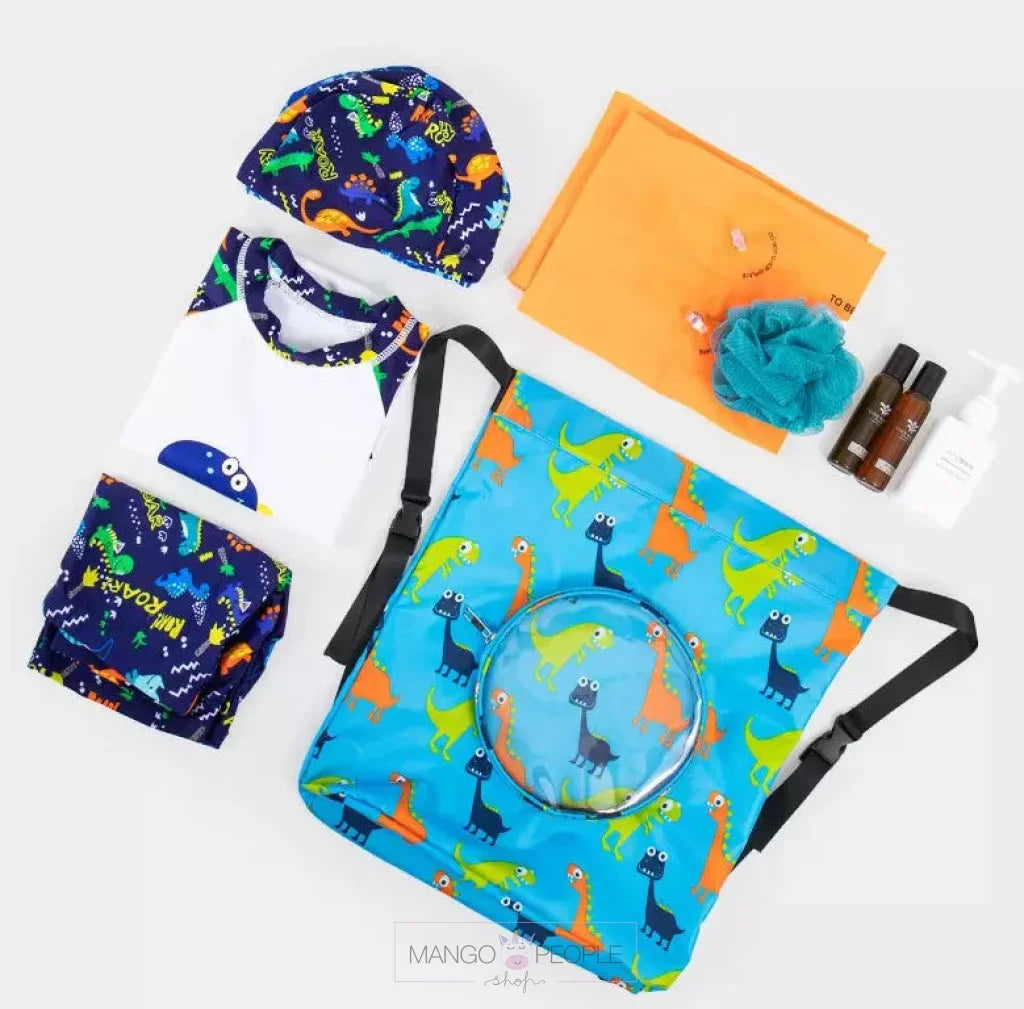 Kids Waterproof Swim Bag With Dinosaur Pattern Drawstring Backpack Design For