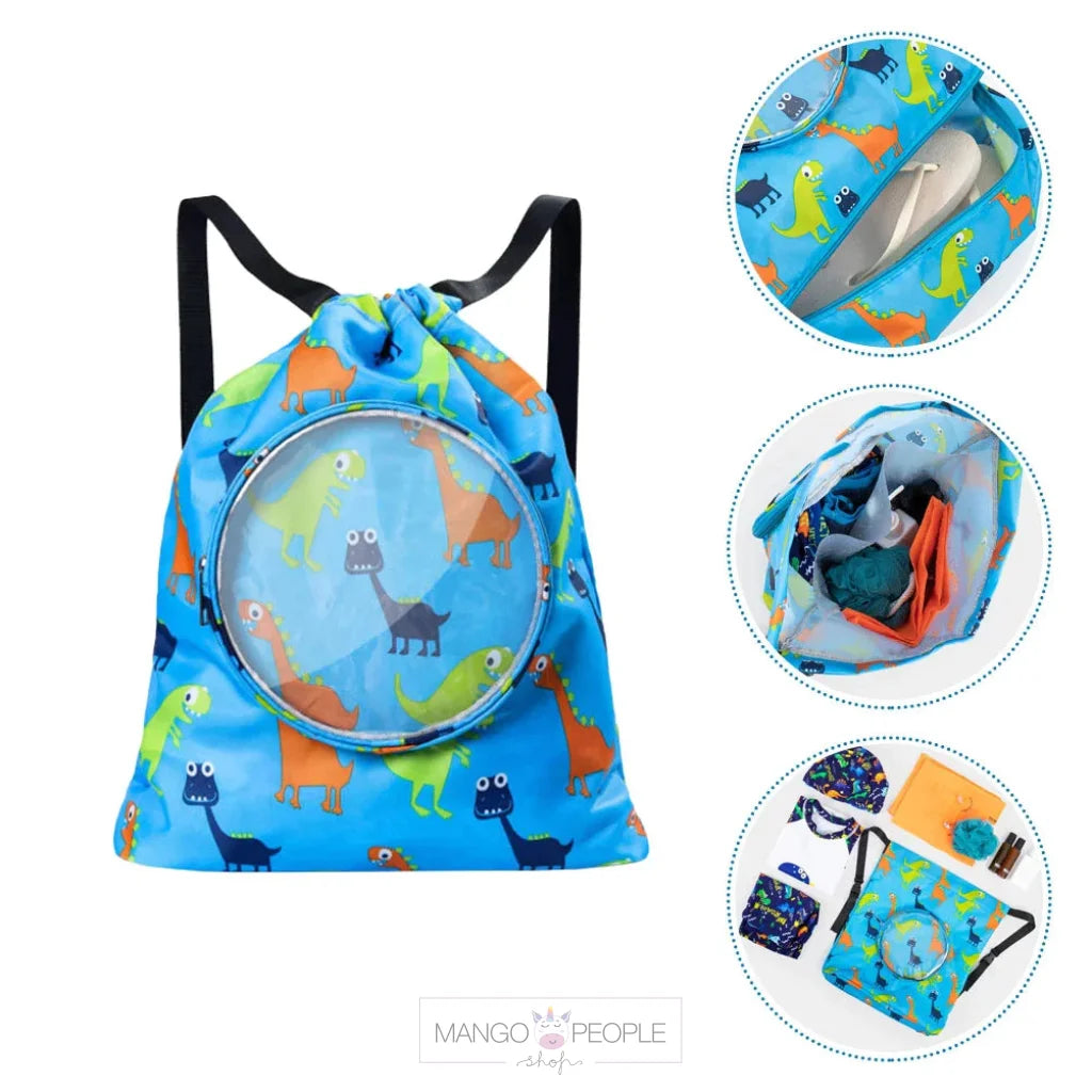 Kids Waterproof Swim Bag With Dinosaur Pattern Drawstring Backpack Design For