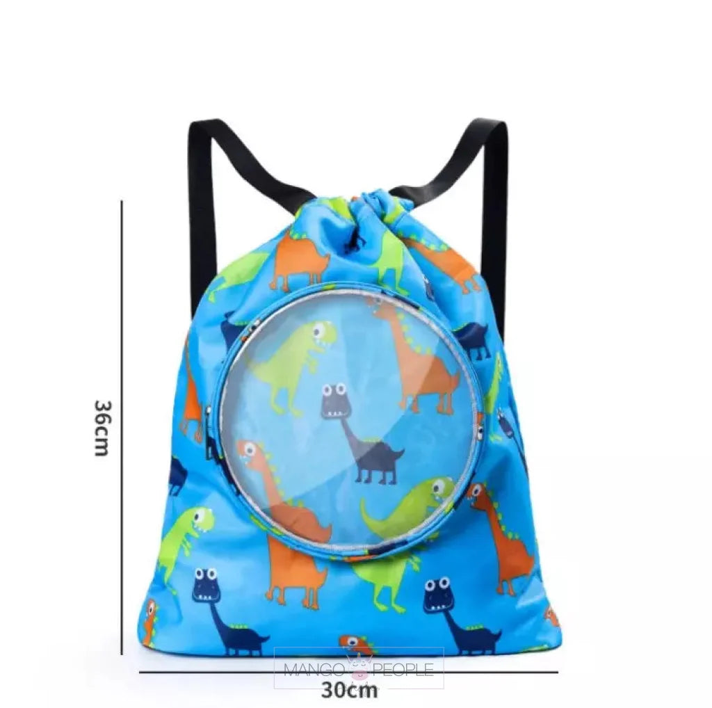 Kids Waterproof Swim Bag With Dinosaur Pattern Drawstring Backpack Light Blue Design For