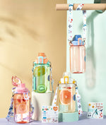 Load image into Gallery viewer, Water Bottle With Straw And Shoulder Strap Sticker For Kids - 1200Ml