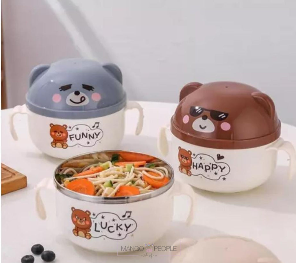 Bear Print Noodle/Soup Steel Lunch Bowl With Lid Two Handles And Spoon For Kids Soup