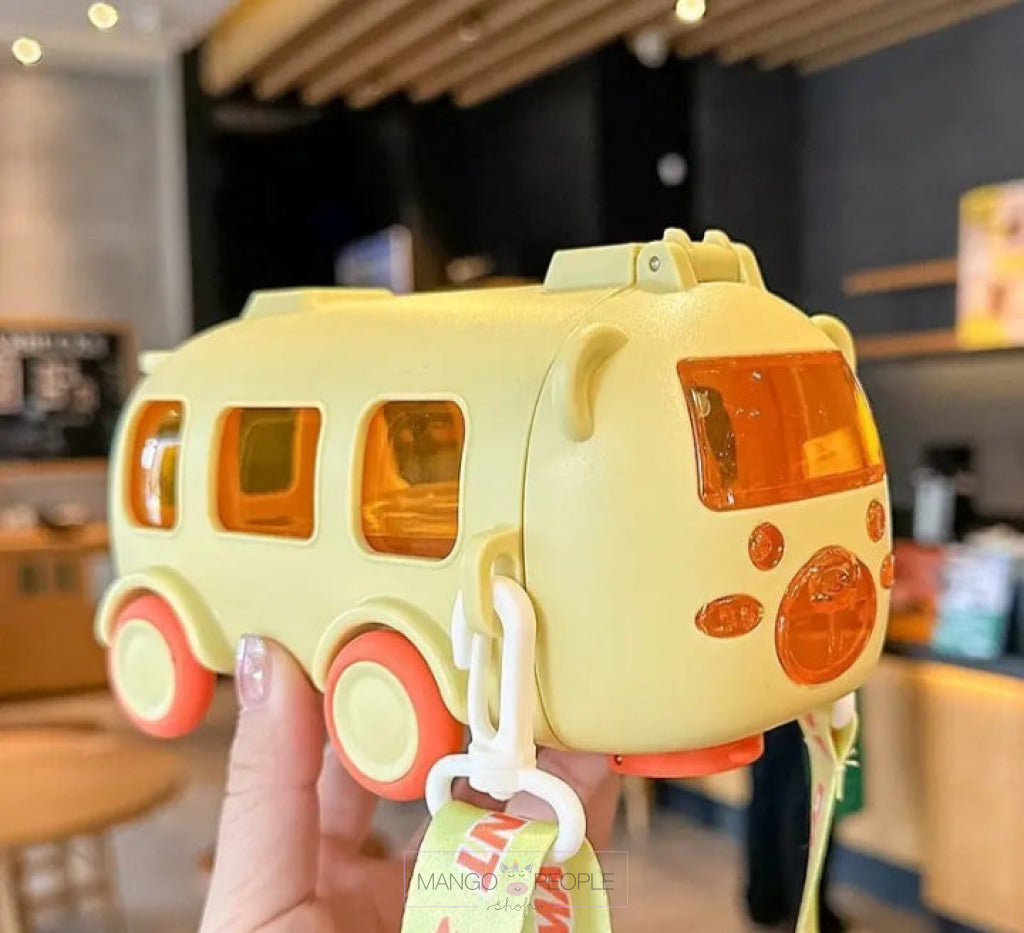 Cute Bear Baby Bus Tritan Plastic Water Bottle With Straw And Straps - 500Ml