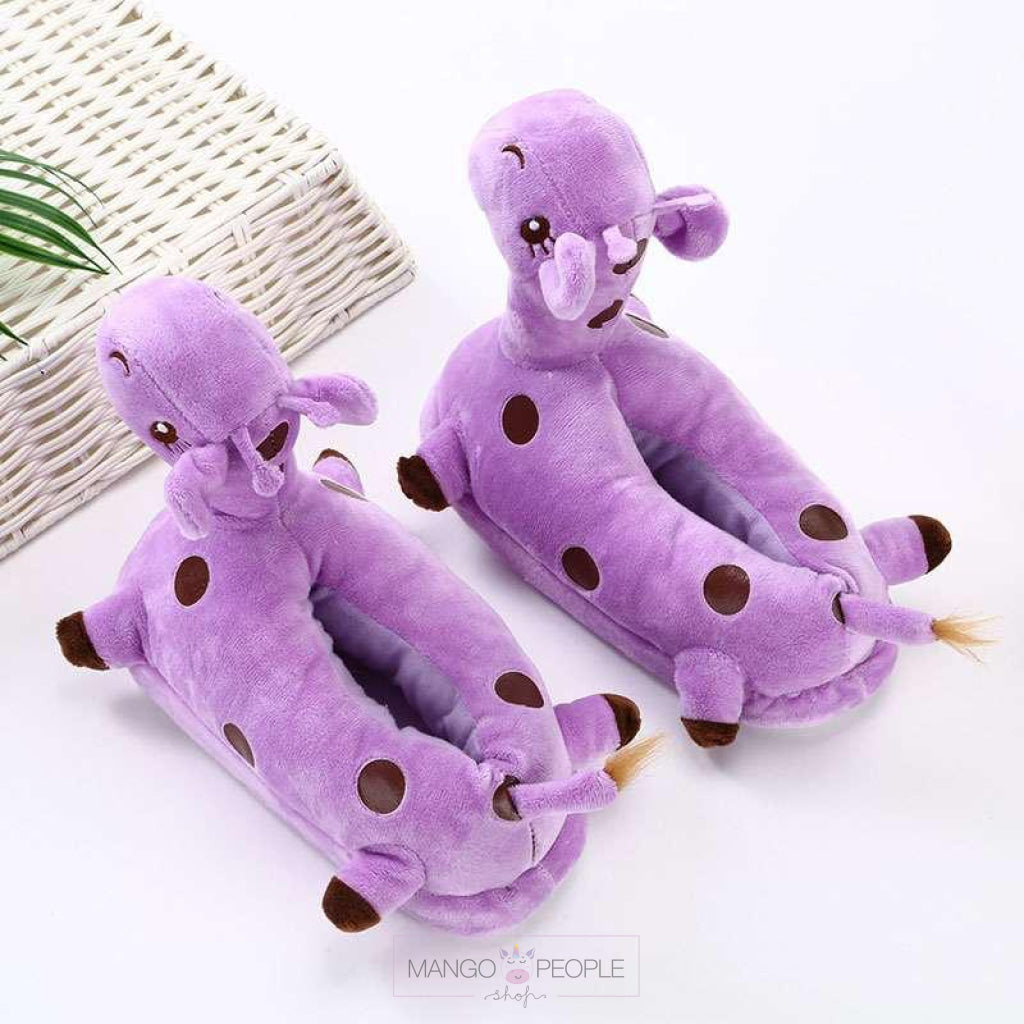 Giraffe Design Purple Plush Slippers