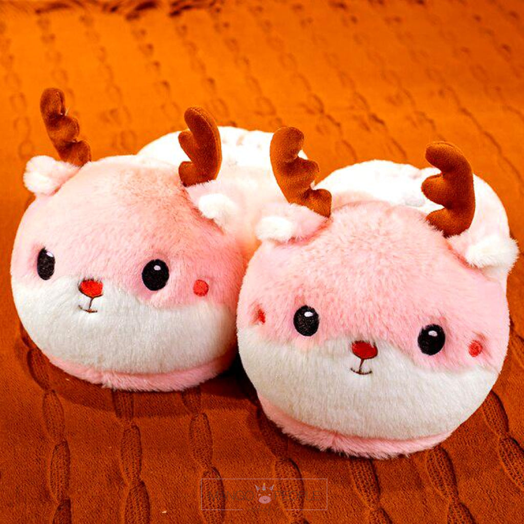 Cute Pink And White Winter Cartoon Hamster Animal Plush Slippers Design