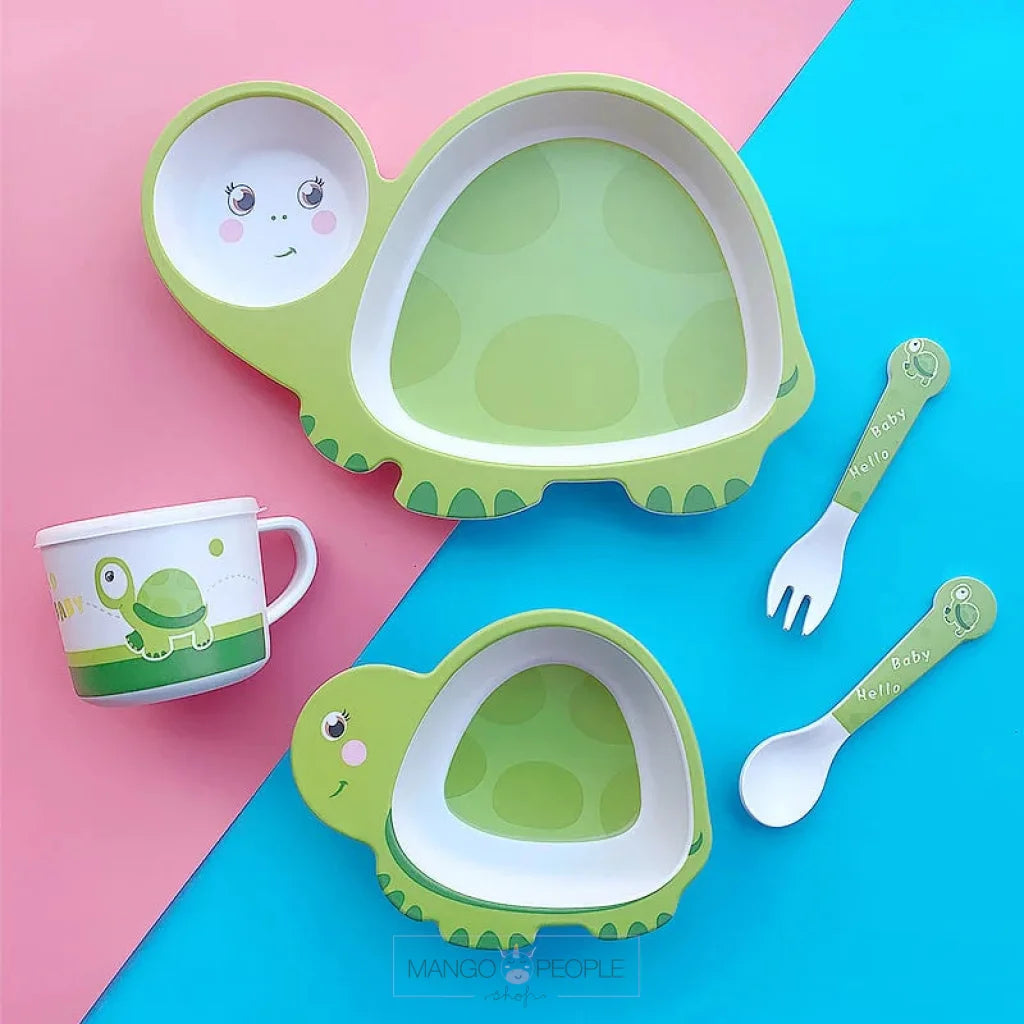 Fun Cute And Attractive Turtle Design Feeding Set For Kids Made Of Bamboo Fiber 5-Piece Cutlery Set