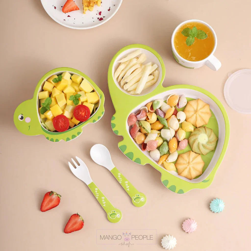 Fun Cute And Attractive Turtle Design Feeding Set For Kids Made Of Bamboo Fiber 5-Piece Cutlery Set