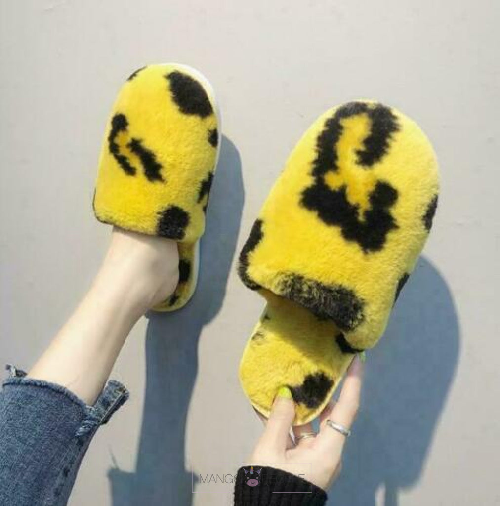 Furry Leopard Print Slippers - Yellow Plush Slippers Mango People Local 