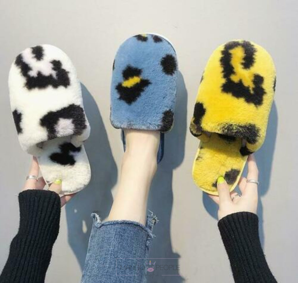Furry Leopard Print Slippers - Yellow Plush Slippers Mango People Local 