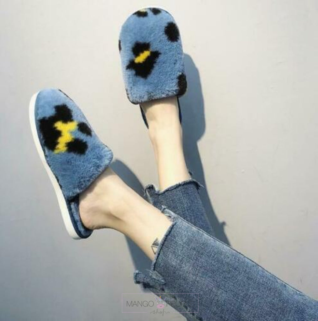 Furry Leopard Print Slippers - Blue Plush Slippers Mango People International 