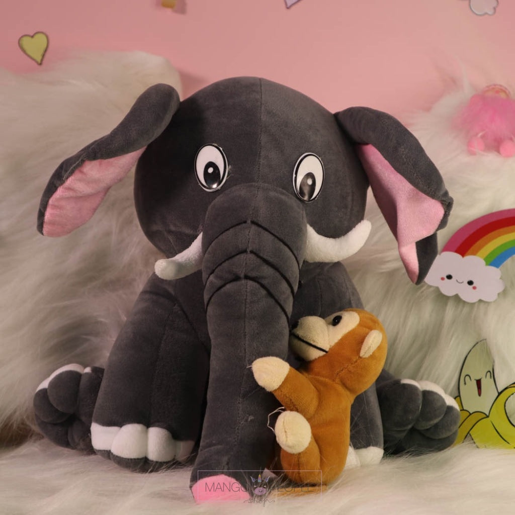 Plush Grey Soft Toy Elephant With A Cute Monkey On The Trunk