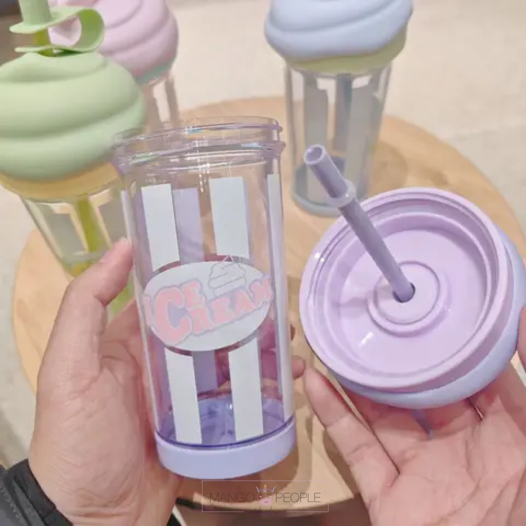 Ice Cream Shape Tumbler Plastic Water Bottle With Straw - 500Ml