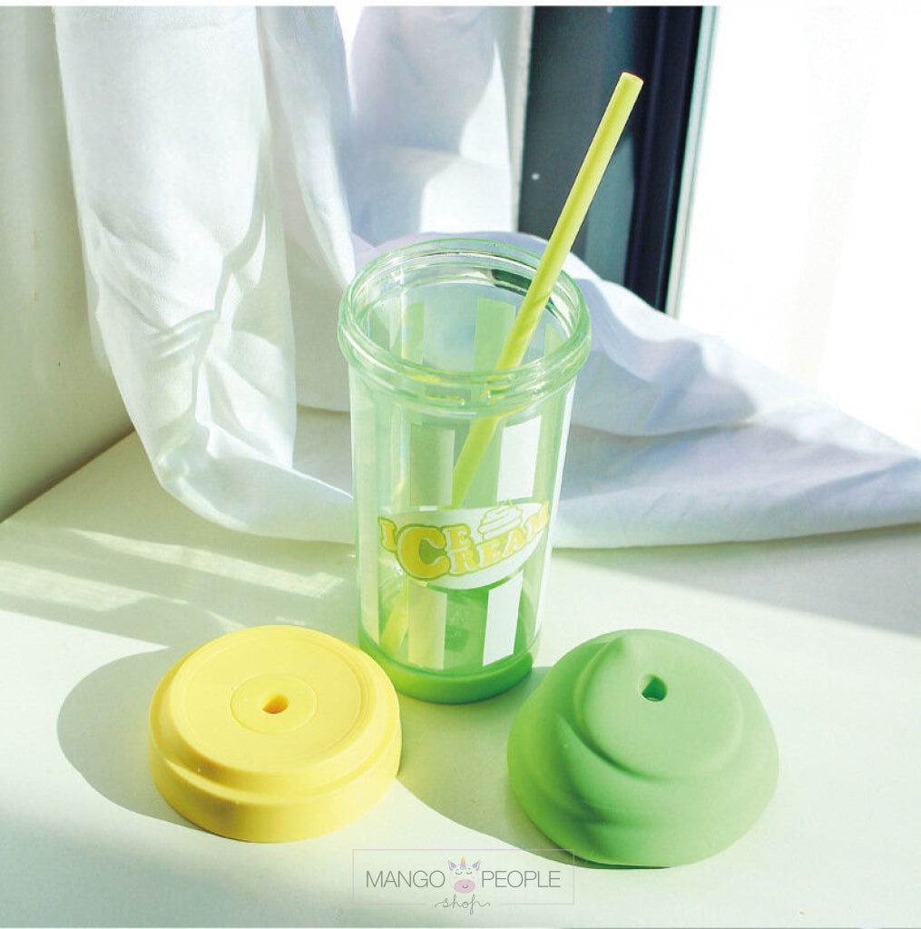 Ice Cream Shape Tumbler Plastic Water Bottle With Straw - 500Ml