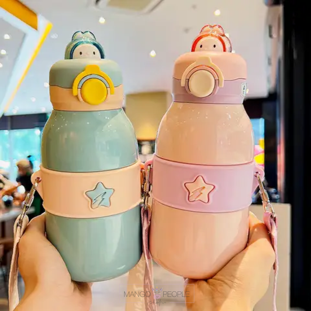 Kawaii Bunny Stainless Steel Water Bottle With Strap - 490Ml