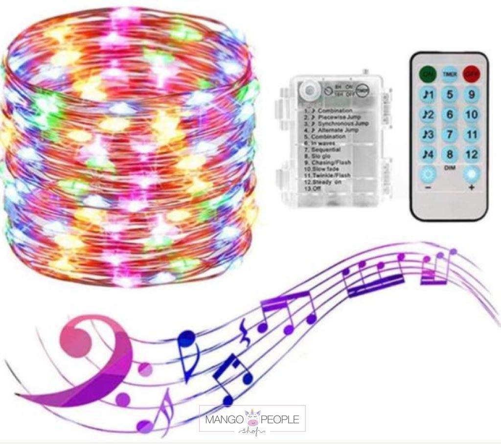 Music Beats Sync Copper Wire Fairy Led String Lights - 3Aa Battery Operated - 12 Function Remote Control - Ip44 Waterproof - Multi String Light Chronos Lights 