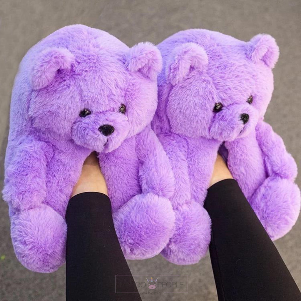 Plush Teddy Bear Slippers Purple