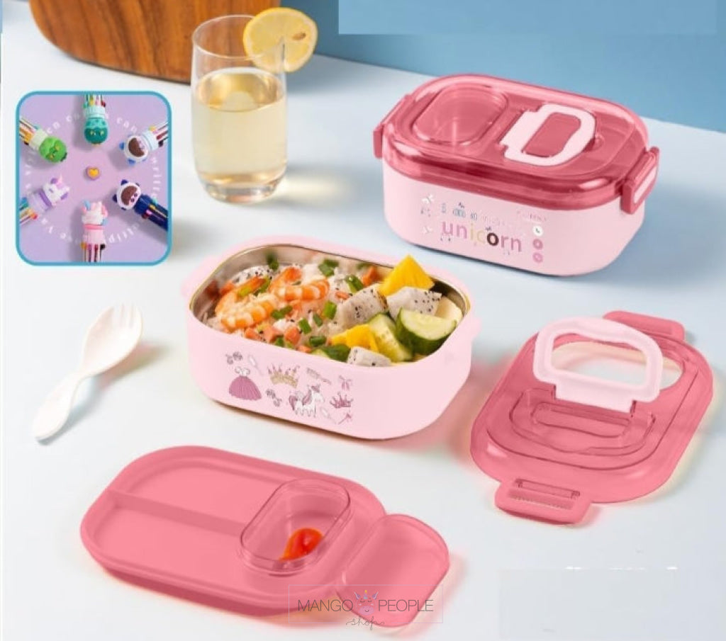 Themed Stainless Steel Lunch Box - 700Ml With Complimentary Gift And Mobile Holder On The Lid Pink