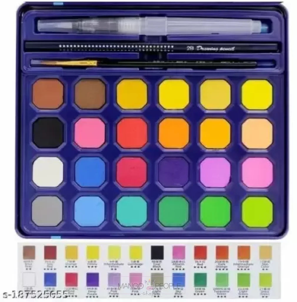 Tin Box With 24 Solid Watercolor Paint Set - Multicolor Art Studio Drawing And Painting Set