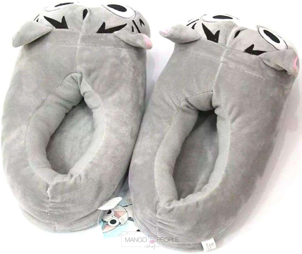 Cute Animal Grey Cat Design Fluffy Slippers