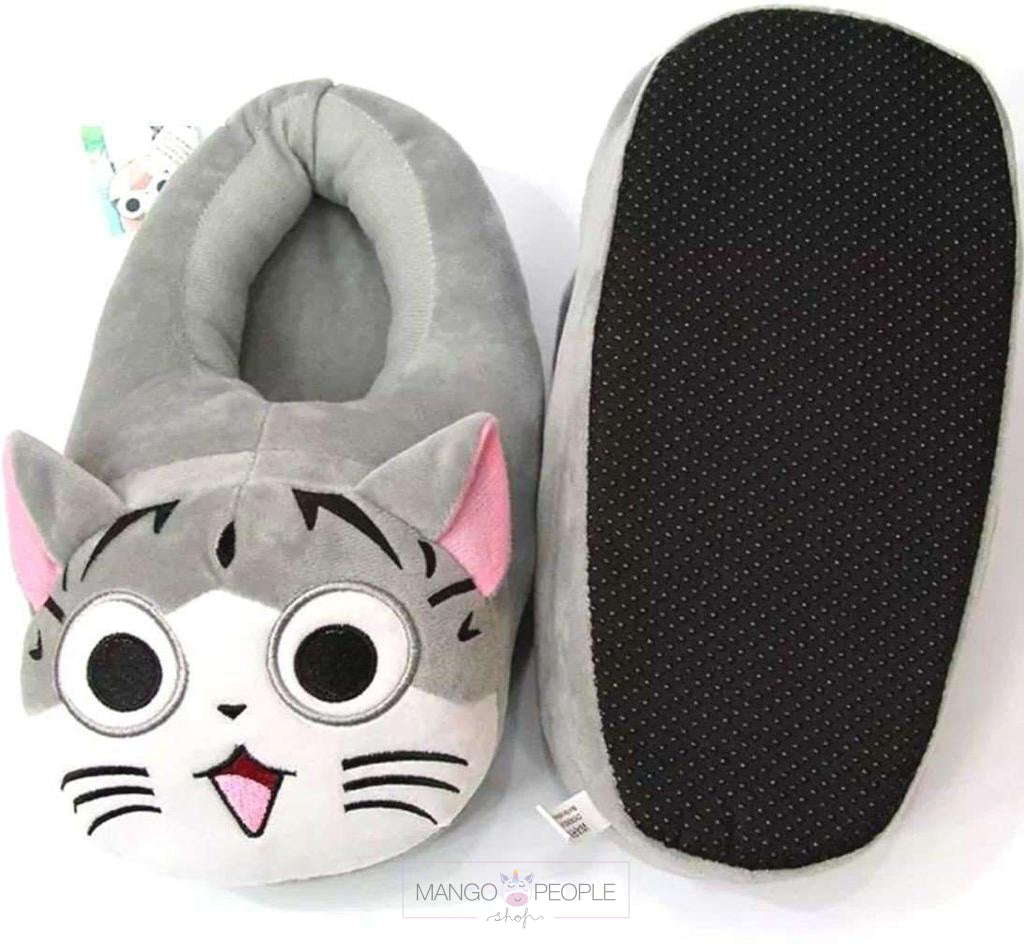 Cute Animal Grey Cat Design Fluffy Slippers