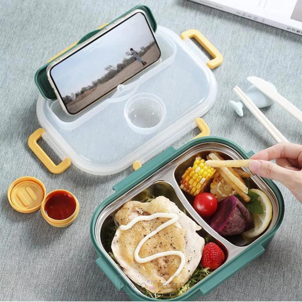 Two Grid Stainless Steel Lunch Box With Spoon Fork And Chopsticks -900Ml Tiffin