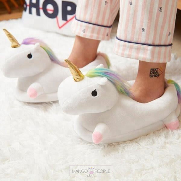 Unicorn Rainbow Plush Slippers - White Plush Slippers Mango People Local 