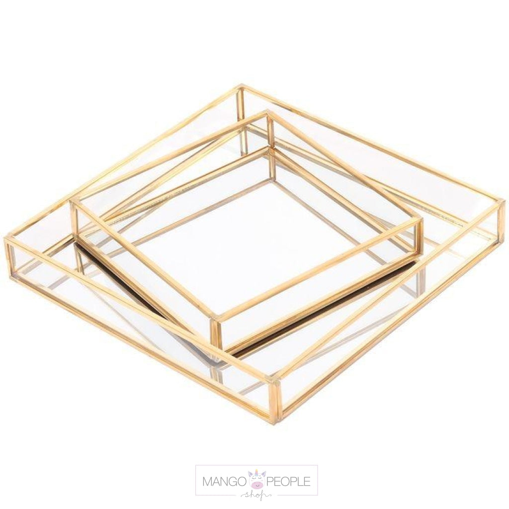 Glass Gold Tray Jewellery Table Accessory & Makeup Organiser Home & Living Moradabad Set of 2 Trays 