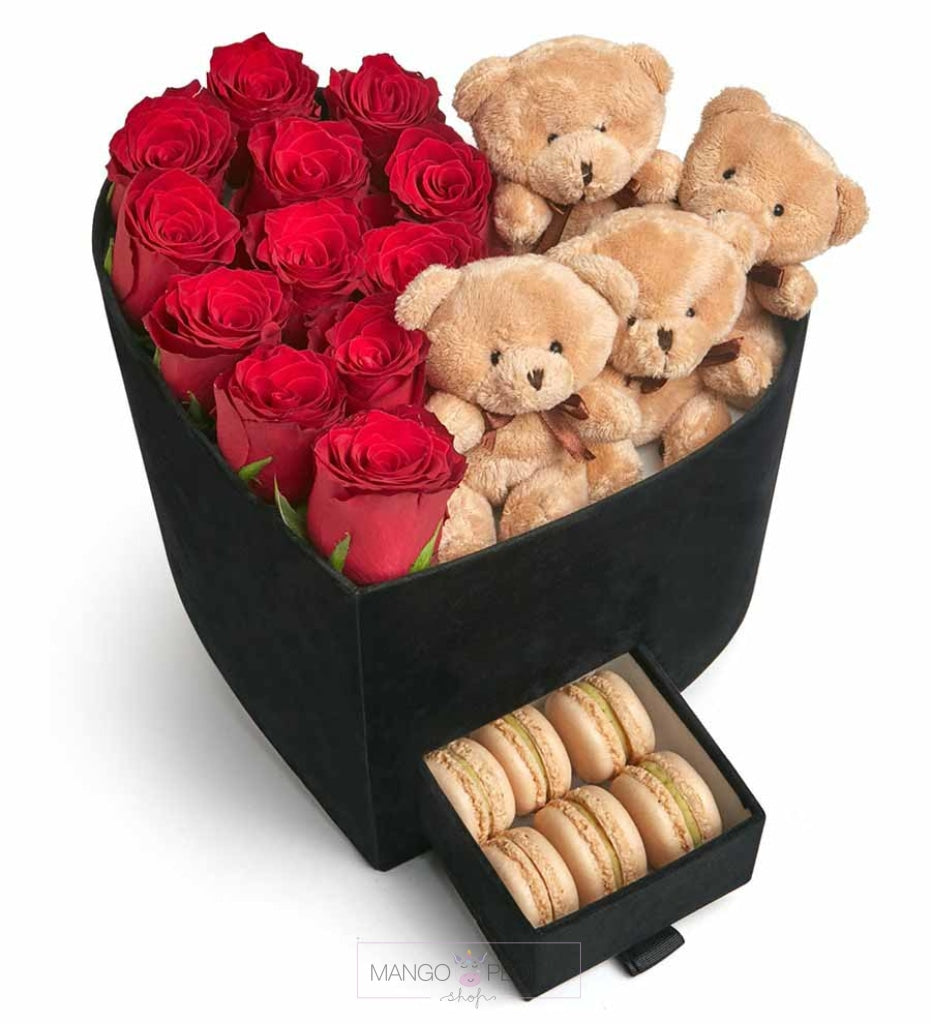 Heart Shaped Red Rose and Teddy Bear Gift Box Fresh Flowers Mango People Flowers 