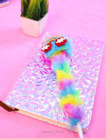 Load image into Gallery viewer, Pink Patterned Holographic Diary Diary and Pen Set Mango People Local Diary With Furry Rainbow Pen 
