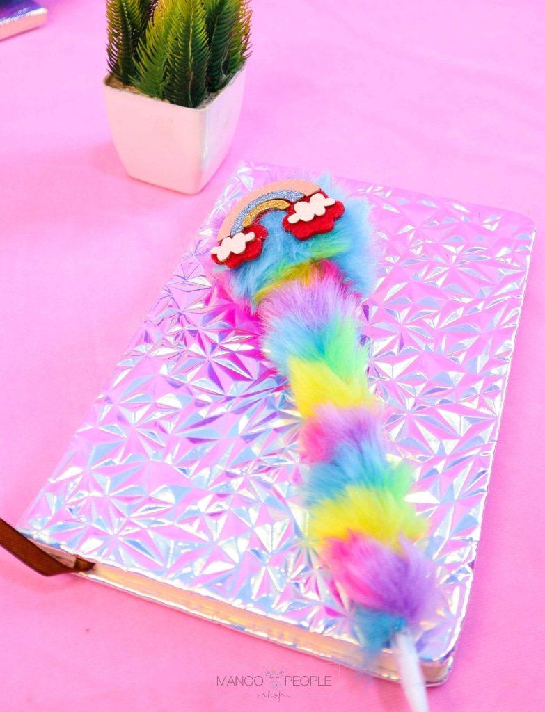 Pink Patterned Holographic Diary Diary and Pen Set Mango People Local Diary With Furry Rainbow Pen 